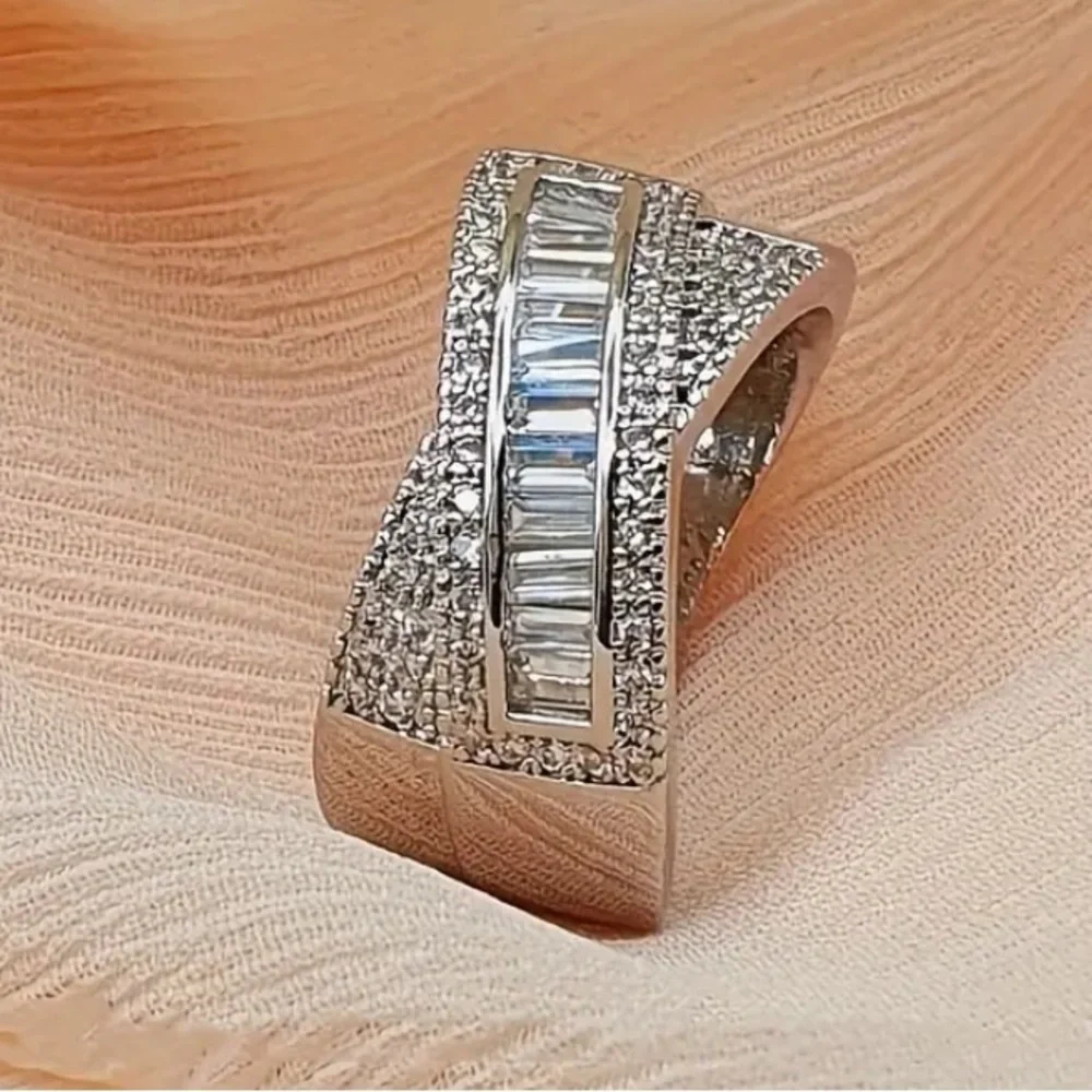 Baguette Cut Zirconia Large Silver Stainless Steel Criss Cross Cocktail Ring. - Picture 2 of 4